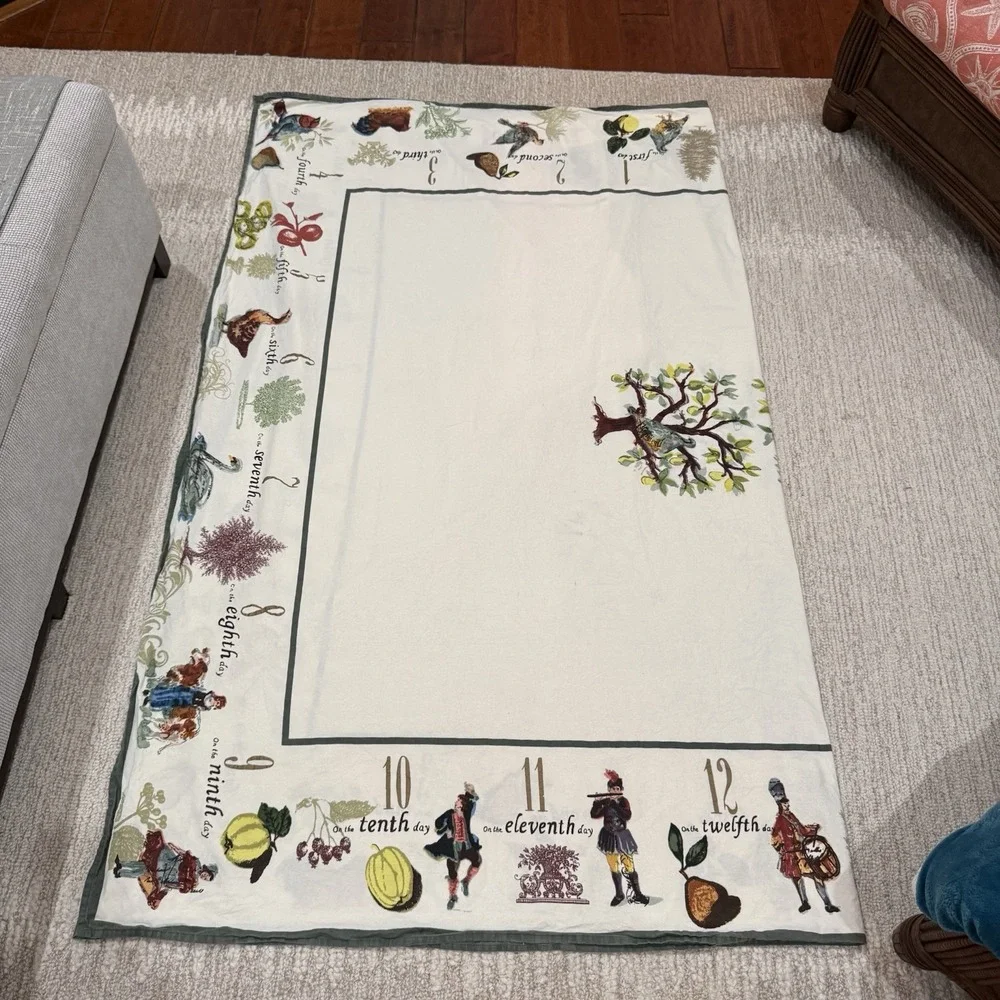 Williams Sonoma 12 Days of Christmas Tablecloth Retired Green Border 67x80